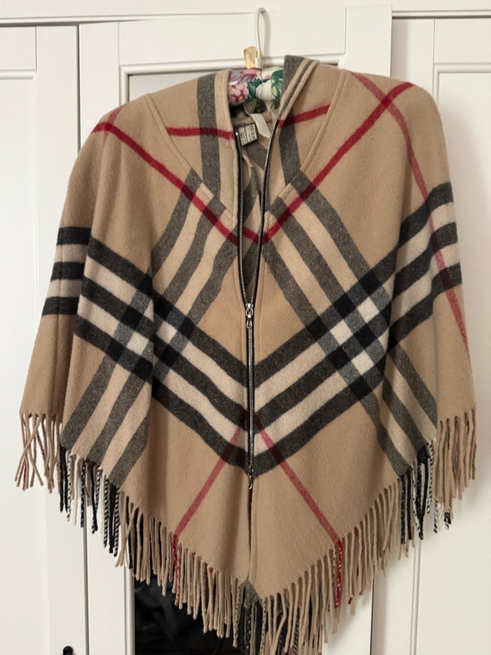 Burberry Beige, Black & Red Plaid Zip Poncho
